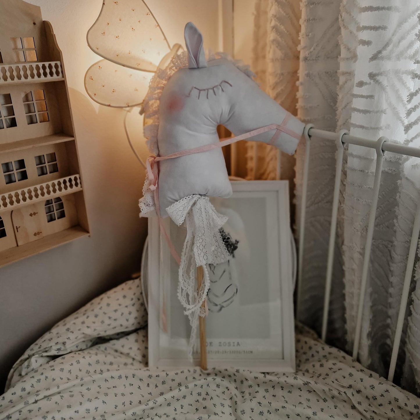 White Hobby horse on the stick, Ride-on horse, Pony Nursery Decor