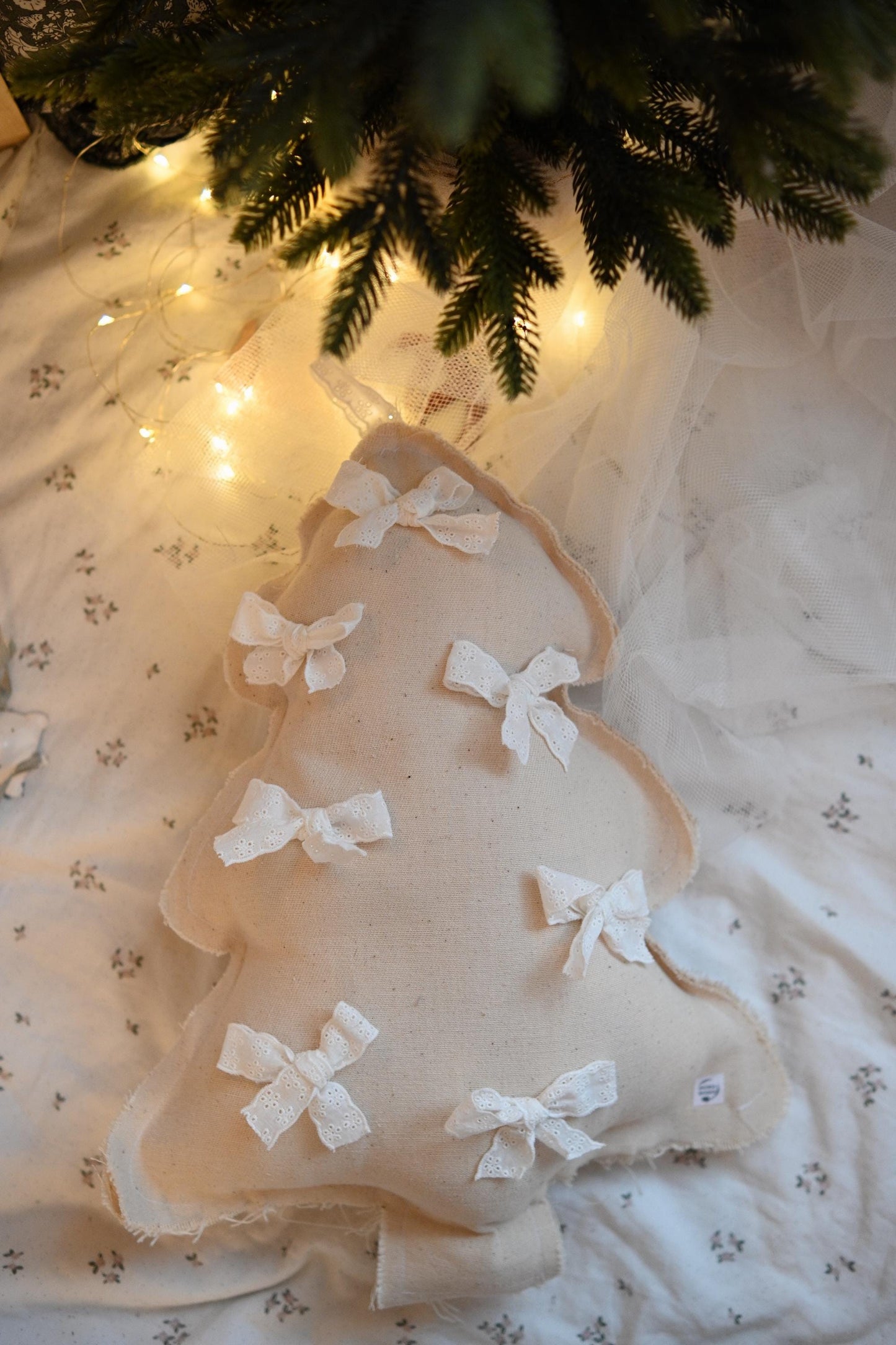 Christmas Tree Pillow with Lace Bows, Cotton Baby Xmas Cushion