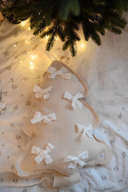 Christmas Tree Pillow with Lace Bows, Cotton Baby Xmas Cushion