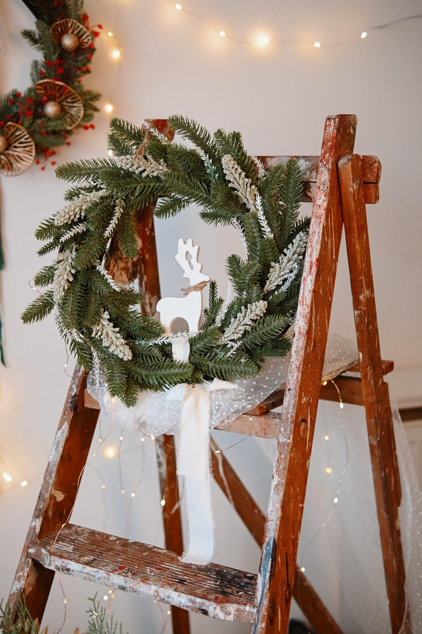 Front door Christmas wreath, flowers rustic outdoor decor