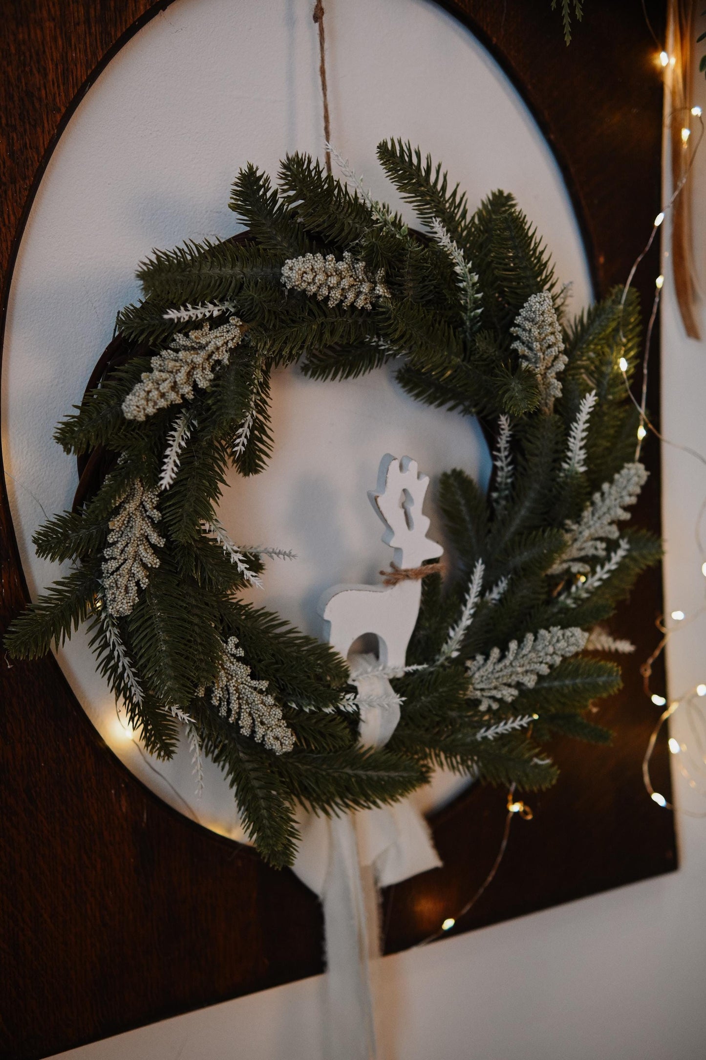 Front door Christmas wreath, flowers rustic outdoor decor