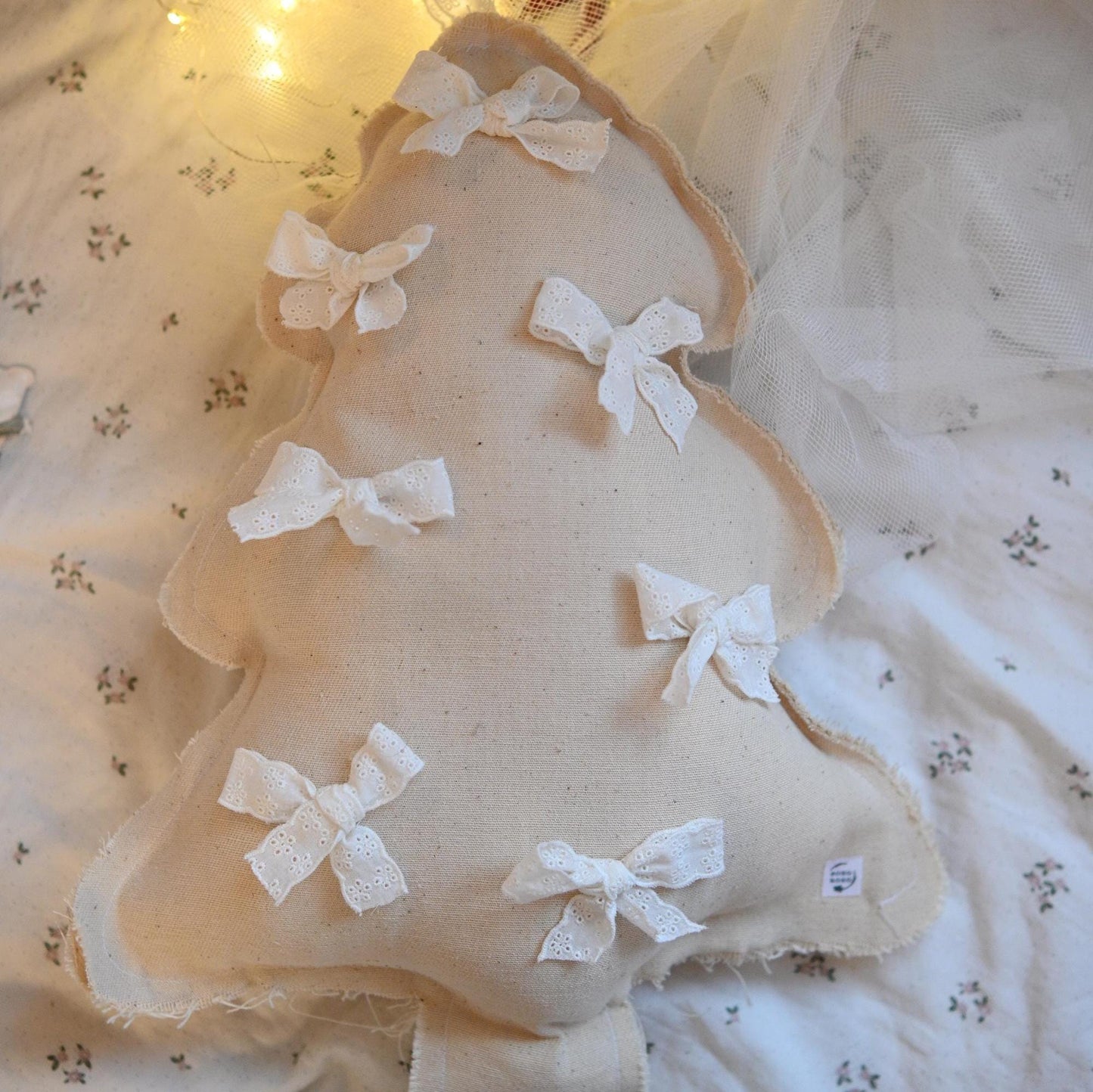 Christmas Tree Pillow with Lace Bows, Cotton Baby Xmas Cushion