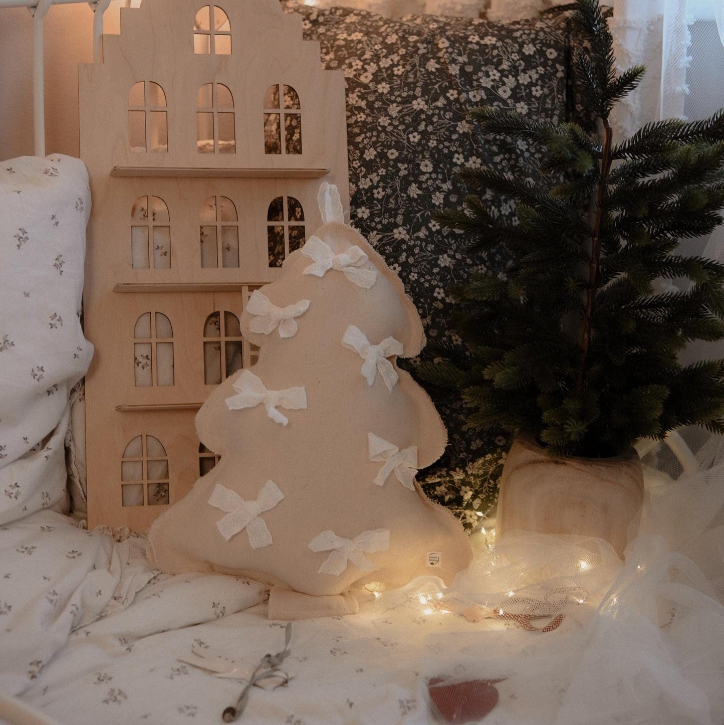 Christmas Tree Pillow with Lace Bows, Cotton Baby Xmas Cushion