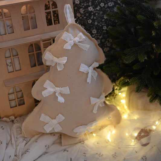 Christmas Tree Pillow with Lace Bows, Cotton Baby Xmas Cushion