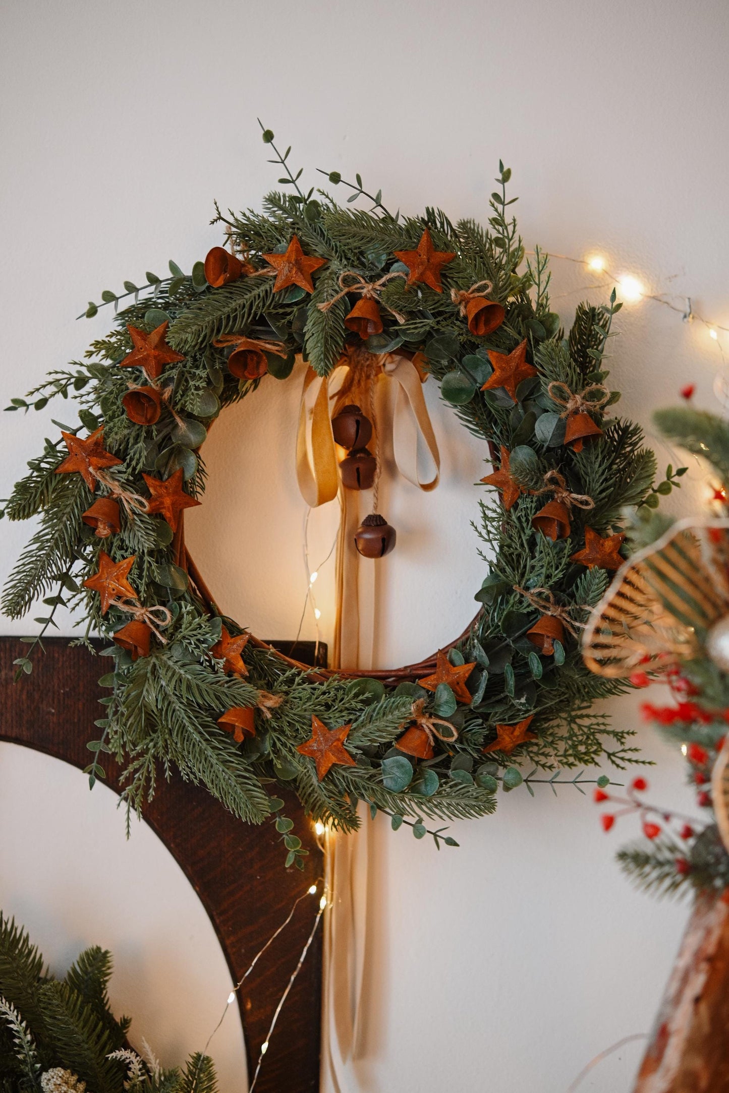 Front door wreath, flowers rustic Christmas wreath decor