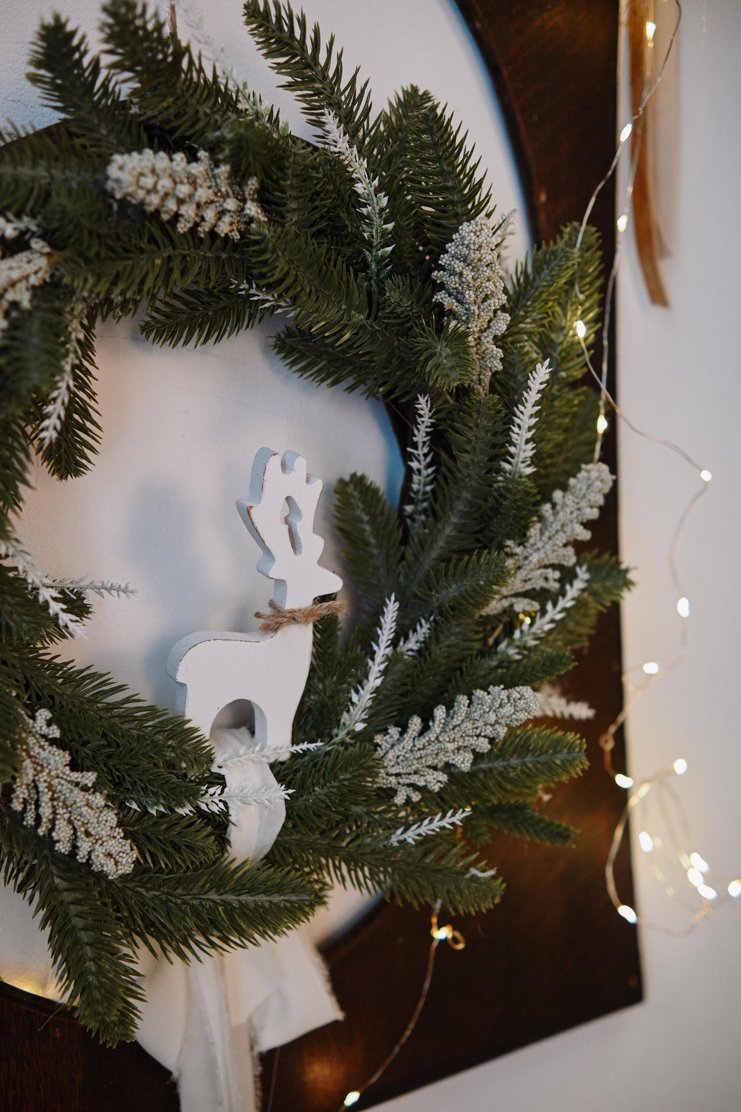 Front door Christmas wreath, flowers rustic outdoor decor