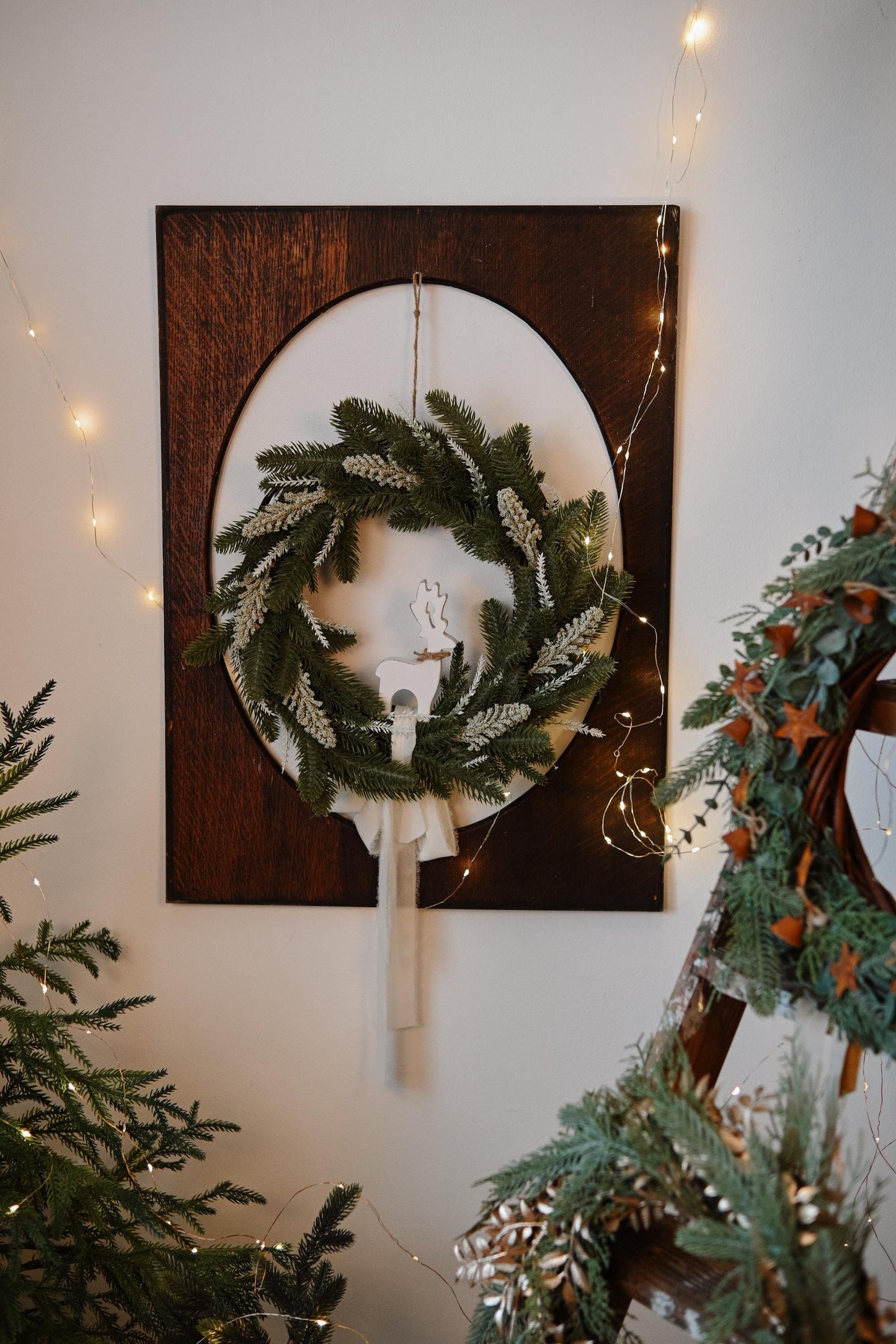 Front door Christmas wreath, flowers rustic outdoor decor